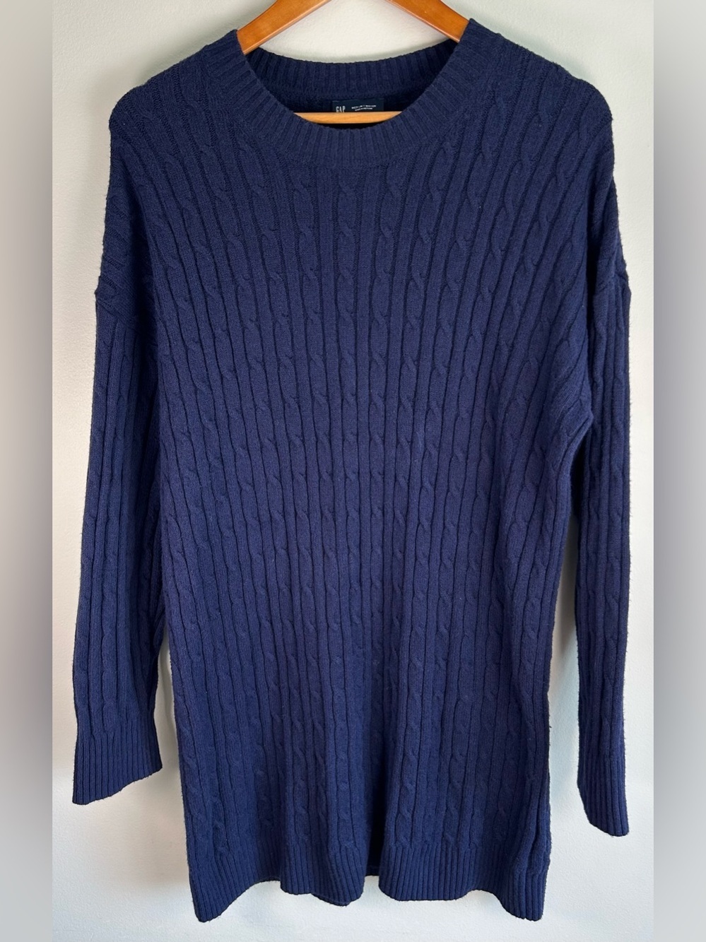 GAP CashSoft Cable Knit Mini Sweater Dress Size M Navy Stretch Cotton Blend EUC